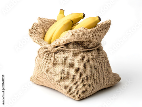 A bunch of ripe bananas inside a rustic burlap sack with a string tie, a simple and natural presentation emphasizing the fresh and healthy aspect of this popular fruit photo