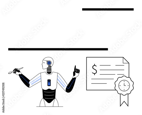 Humanoid robot writing with a fountain pen, a financial document featuring a seal stamp nearby. Ideal for automation, AI technology, finance, future workforce, innovation, contract management, time