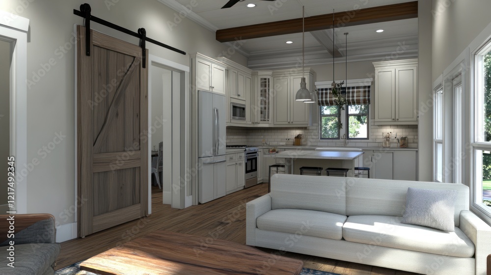 Fototapeta premium Modern Farmhouse Kitchen and Living Room Design