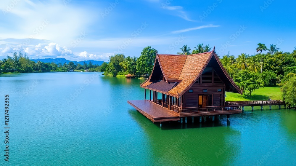 Obraz premium Serene Waterfront House In Lush Tropical Setting