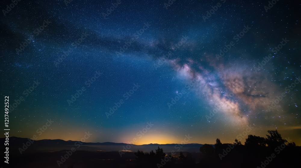 Fototapeta premium A breathtaking view of the Milky Way galaxy illuminating the night sky, with silhouettes of distant mountains and a colorful horizon.