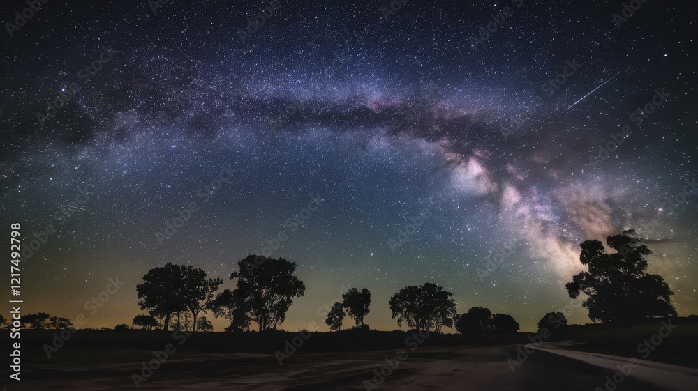 A breathtaking view of the Milky Way galaxy arching over a tranquil landscape, illuminated by delicate star trails and silhouetted trees beneath the night sky. A breathtaking view of the Milky Way galaxy arching over a tranquil landscape, illuminated by delicate star trails and silhouetted trees beneath the night sky.