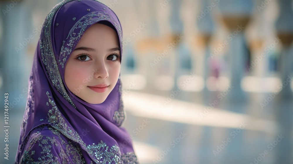 A young girl in a purple hijab. A young girl in a purple hijab.