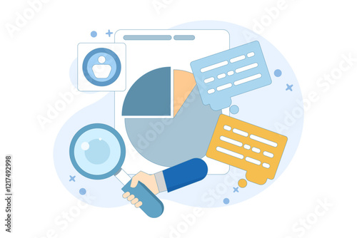 Marketing analysis and development concept. Participate in business activities. Magnifying glass, zoom, customer reviews. Know your customers. Business statistics graph.flat vector illustration.