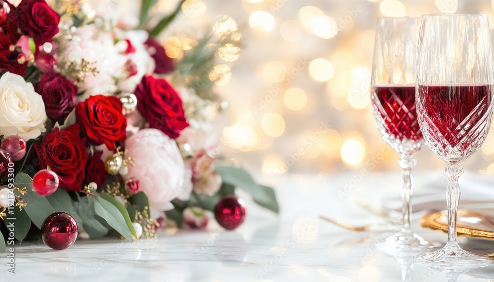 Festive Table Setting with Red and White Roses and Wine Glasses for a Romantic Celebration Festive Table Setting with Red and White Roses and Wine Glasses for a Romantic Celebration