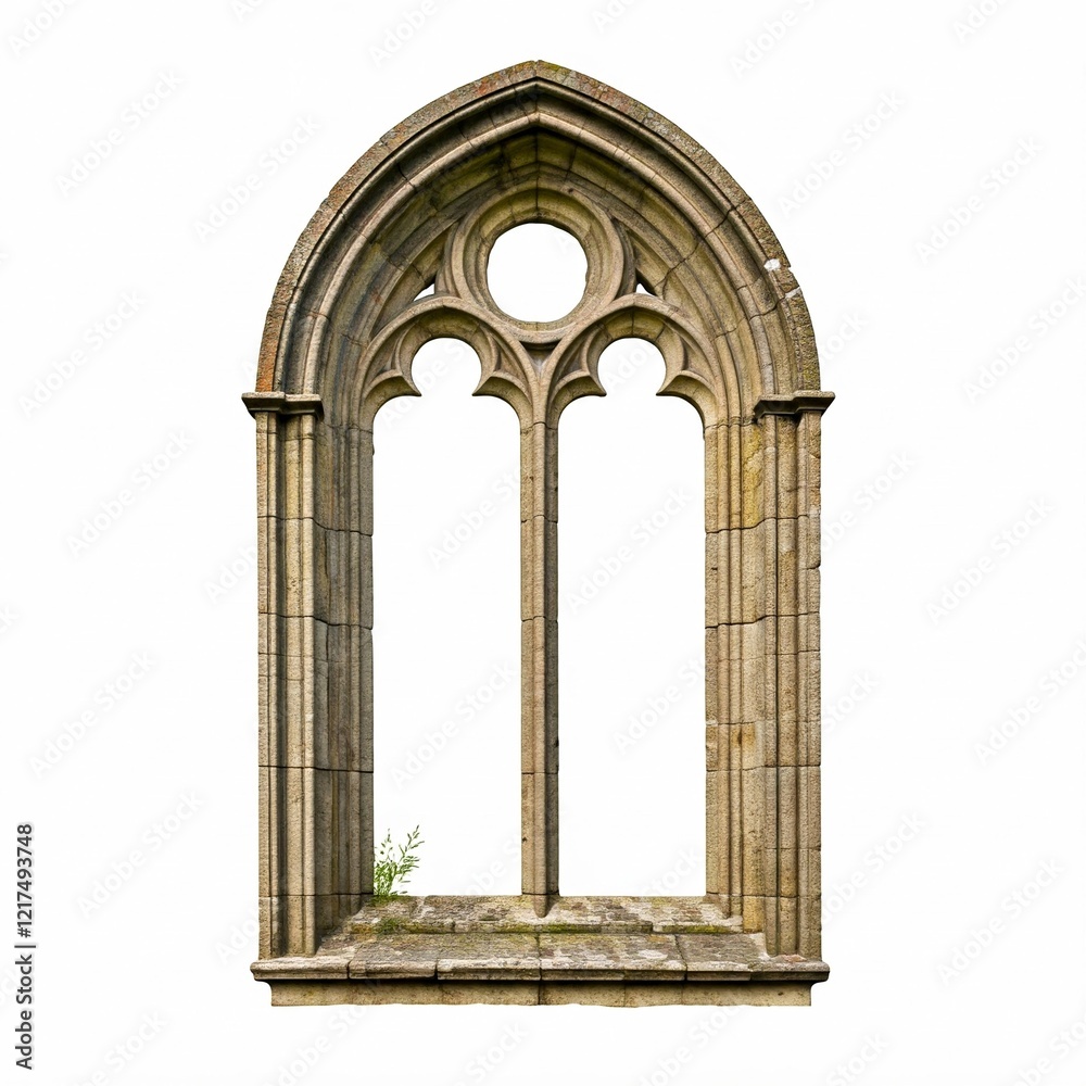 Fototapeta premium Old rustic medieval Gothic stone window, decayed and weathered, isolated on a white background