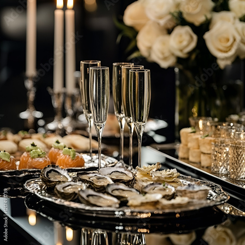 A beautifully arranged buffet showcases fresh oysters on a silver platter, sparkling glasses of champagne, and gourmet treats in a chic, elegant venue adorned with candles and roses.