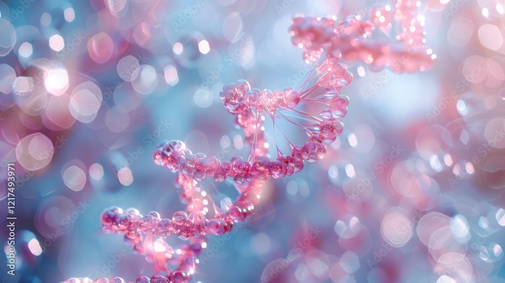 Pink DNA double helix spiral surrounded by soft light bokeh and bubbles, elegantly displayed on a blue backdrop Pink DNA double helix spiral surrounded by soft light bokeh and bubbles, elegantly displayed on a blue backdrop
