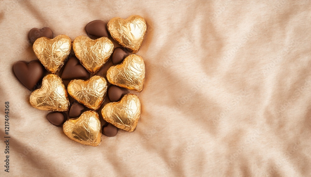 Golden and Dark Chocolate Hearts on Brown Fabric Background Golden and Dark Chocolate Hearts on Brown Fabric Background
