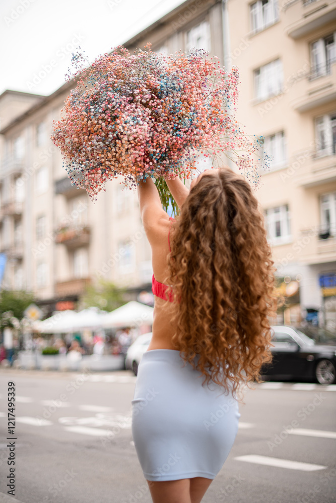 Colorful flowers in voluminous bouquet in a hands of a girl who goes on a street Colorful flowers in voluminous bouquet in a hands of a girl who goes on a street