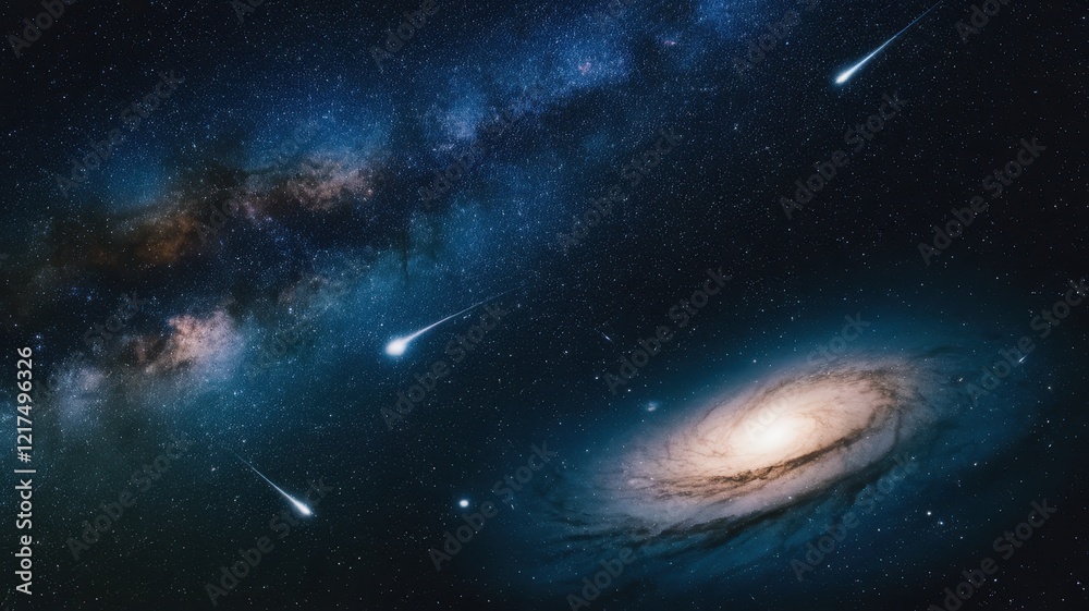 Fototapeta premium A stunning view of a spiral galaxy surrounded by shooting stars, showcasing the beauty of the universe with vibrant blues and subtle hints of purple.