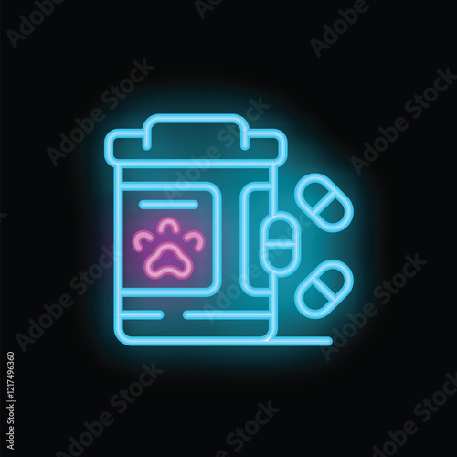 Neon icon depicting a container of veterinary pills for the treatment of cats and dogs