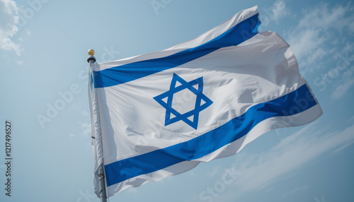 Israel flag waving proudly in the wind against a clear blue sky. photo