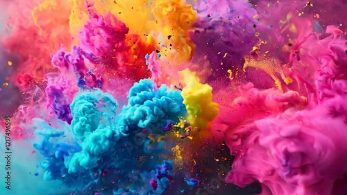Scattering splashes of colorful bright powder on a dark background for Holi festival in India, concept of celebrating the arrival of spring, banishing evil and rebirth of life.
