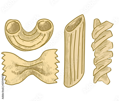 different types and shapes of pasta colored isolated on white background