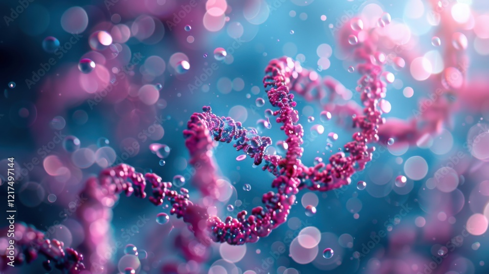 Pink DNA double helix spiral surrounded by soft light bokeh and bubbles, elegantly displayed on a blue backdrop Pink DNA double helix spiral surrounded by soft light bokeh and bubbles, elegantly displayed on a blue backdrop