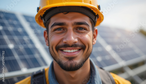 Professional photovoltaic installer working with solar energy systems on a rooftop. Solar panels photo