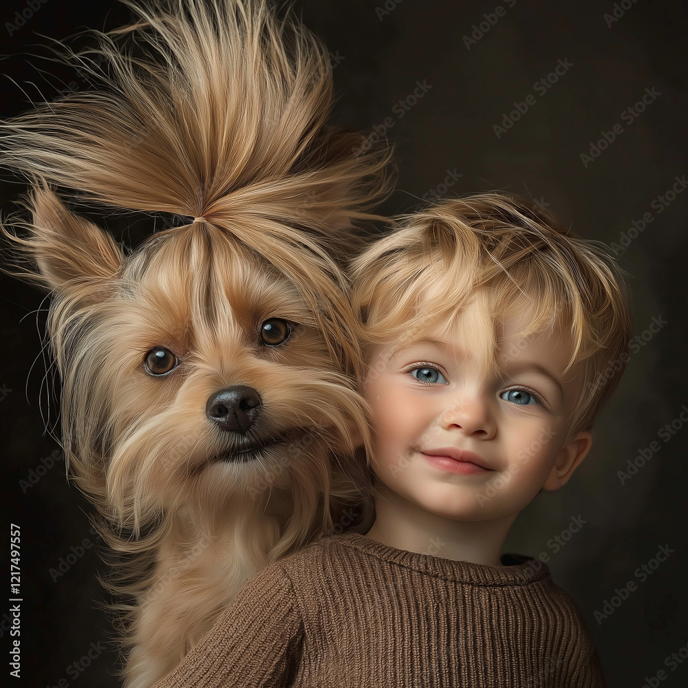 Kleiner Junge kuschelt mit Hund, strahlende Augen, Kamera, unbeschwerte Freude, Verbundenheit Kleiner Junge kuschelt mit Hund, strahlende Augen, Kamera, unbeschwerte Freude, Verbundenheit