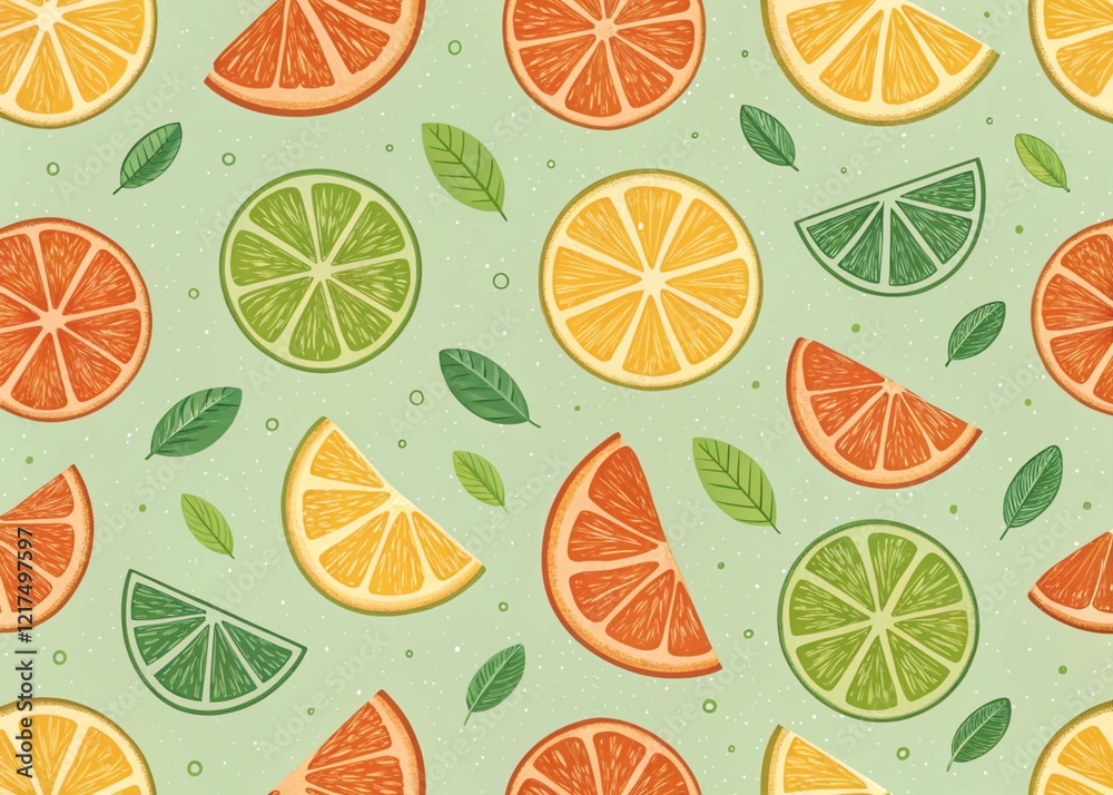 Seamless pattern featuring various slices of oranges and limes on light green background Seamless pattern featuring various slices of oranges and limes on light green background