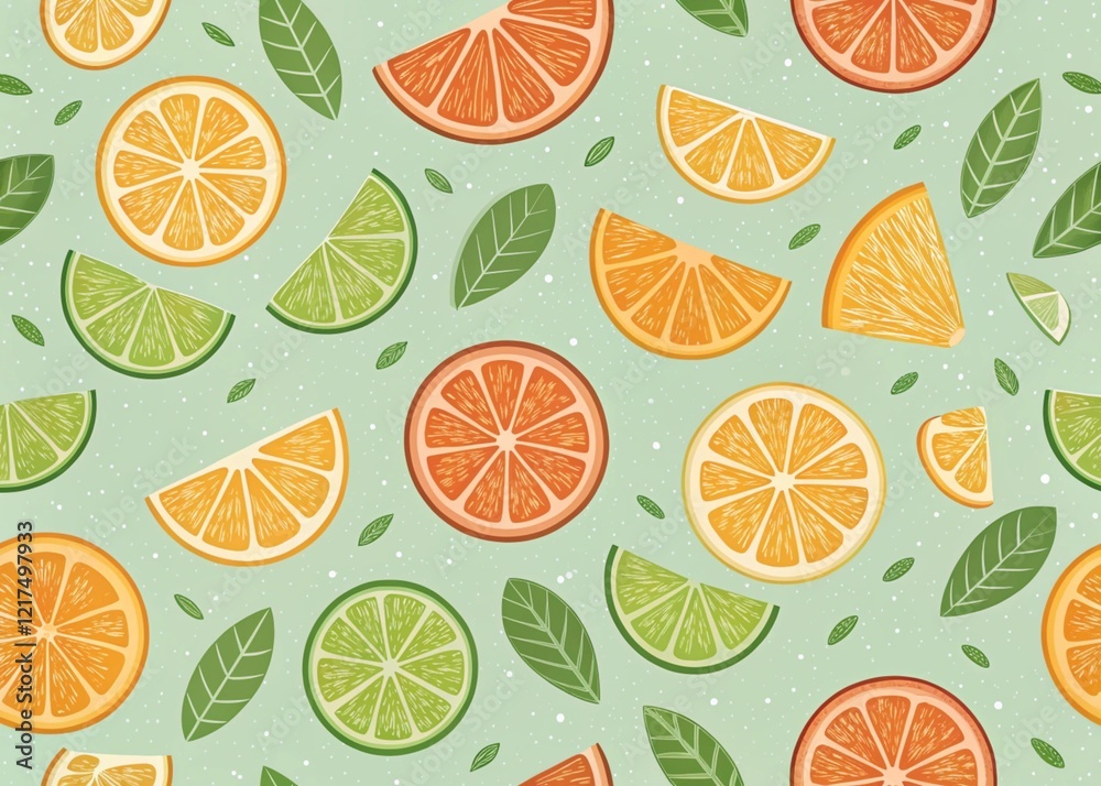 Seamless pattern featuring various slices of oranges and limes on light green background Seamless pattern featuring various slices of oranges and limes on light green background