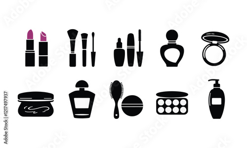 A collection of black and white silhouette icons featuring lipstick, mascara, brushes, and other cosmetic products.