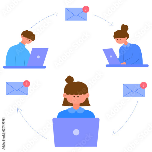 team communication via email network flat vector illustration