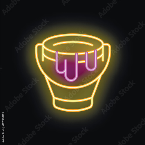 Glowing neon sign of a witch's cauldron with a dripping magic potion, perfect for halloween decoration