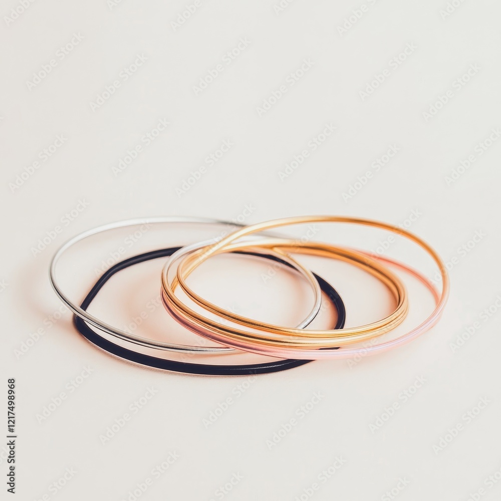Elegant and Colorful Flat Lay of Metal and Plastic Bangles on a Light Background for Fashion and Accessory Concepts Elegant and Colorful Flat Lay of Metal and Plastic Bangles on a Light Background for Fashion and Accessory Concepts