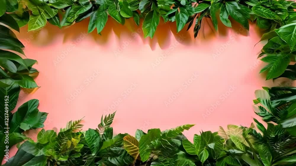 Frame of large juicy green leaves on a pink background