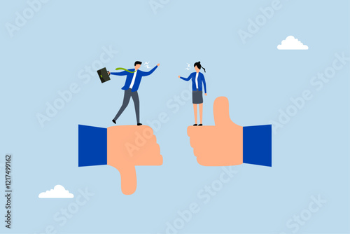 Conflict and argument between colleagues, businessman and woman angrily debating over the distinction between thumbs up and down. 