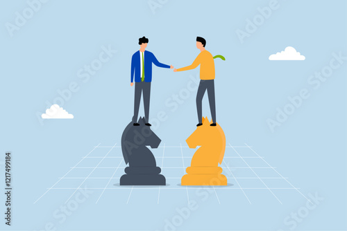 Negotiation skill to deal with competitor, businessman leader shaking hand on knight chess metaphor of agreement.