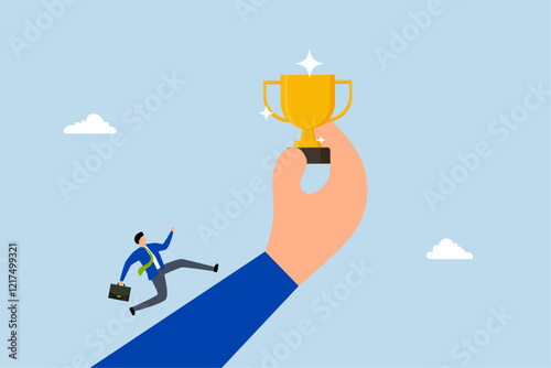 Motivation to achieve goal, entrepreneur sprint with complete determination to obtain trophy cup in enormous hand. 