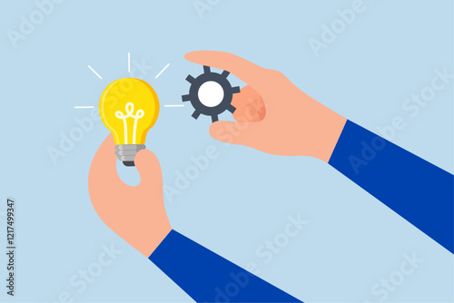Implement business idea, entrepreneur grasping lightbulb concept integrating gear to bring it to life. 
