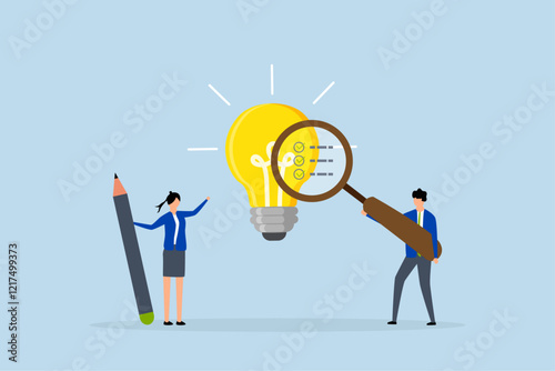 Business viability checking, entrepreneur using magnifying glass examines lightbulb concept. 