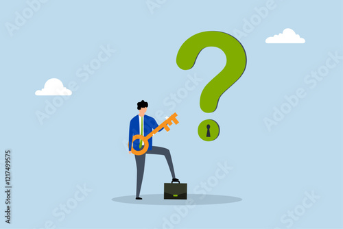 Key to unlock answer for problem and questions, intelligent entrepreneur grasping golden key to open keyhole on question mark symbol. 