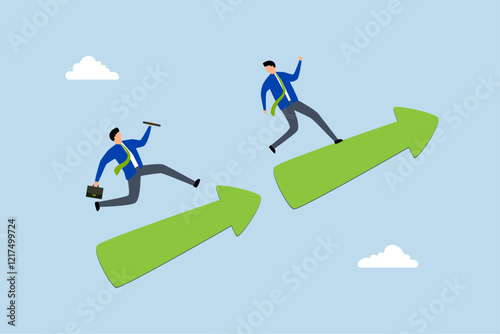 teamwork for business success, reliable entrepreneur hands off baton to colleague on ascending arrow. 
