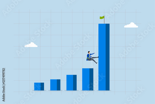 Effort to reach target, determined entrepreneur ascends chart and graph to reach the peak of tall bar. 