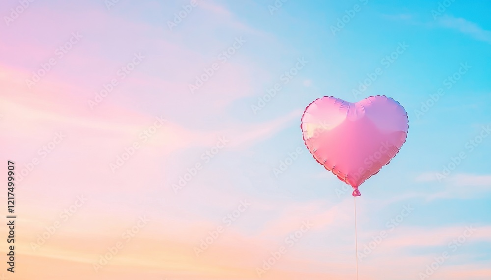 Fototapeta premium Pink Heart Shaped Balloon Floating in a Pastel Sky at Sunset