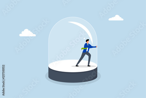 Business constraints, businessman within the glass makes a strong effort to shatter limitations. 