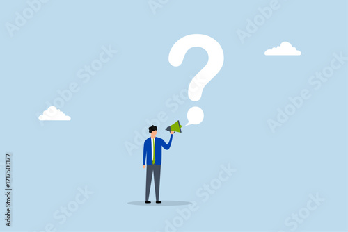 Ask question for answer, entrepreneur using megaphone inquiring with speech bubble featuring large question mark. 