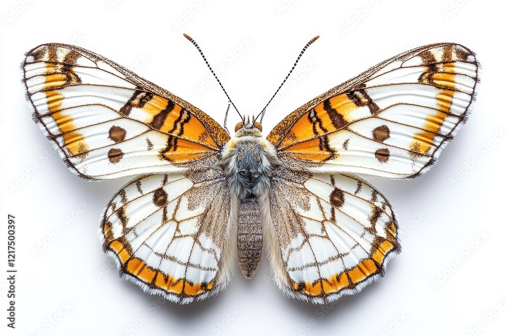 Obraz premium A detailed view of a butterfly showcasing vibrant orange and white patterns.