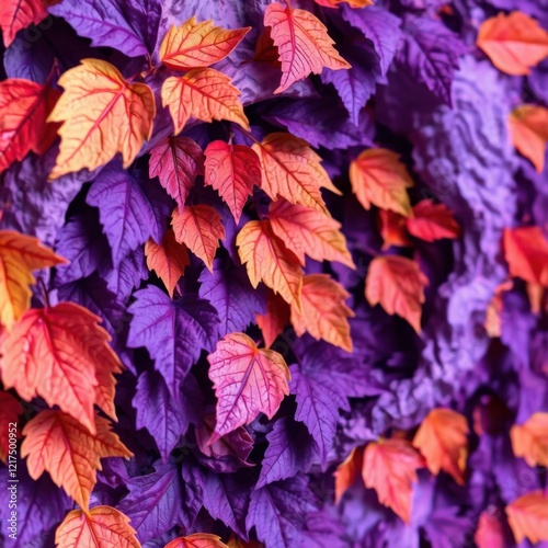 Sculpted, textured layers of falling leaves in deep ultraviolet hues