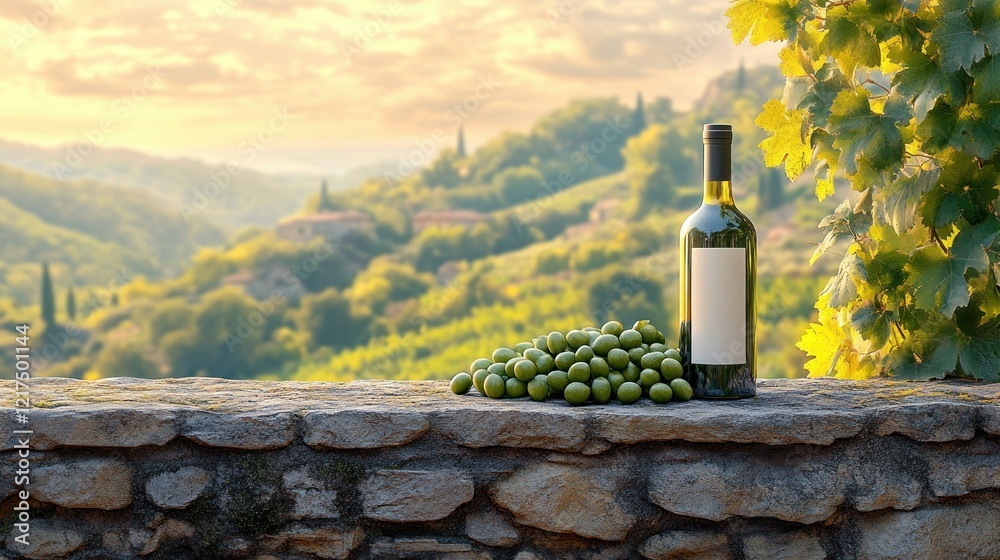 Sunset vineyard; white wine bottle, grapes, stone wall Sunset vineyard; white wine bottle, grapes, stone wall