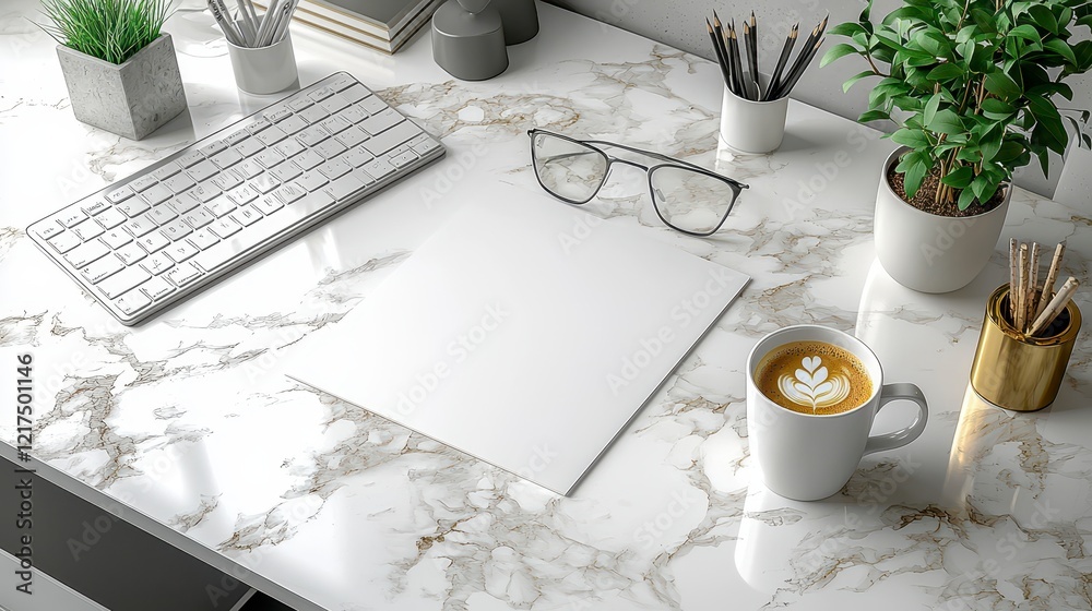 Modern workspace with blank paper, keyboard, coffee, and plants on marble desk. Modern workspace with blank paper, keyboard, coffee, and plants on marble desk.