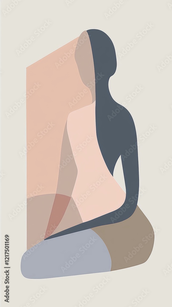 Obraz premium Minimalist illustration featuring a seated woman, rendered in an abstract style with overlapping shapes and soft pastel colors, creating a sense of introspection and quiet contemplation