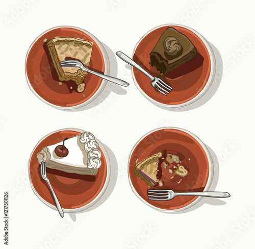 set of  dirty plates dishes with cakes half eaten realistic vector top view cafe cafeteria props isolated on white  background
