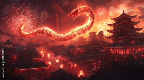 Illustration of fireworks in the shape of a snake in the night sky over traditional Chinese temples and city for Chinese lunar new year, year of the snake