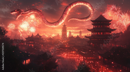 Illustration of fireworks in the shape of a snake in the night sky over traditional Chinese temples and city for Chinese lunar new year, year of the snake