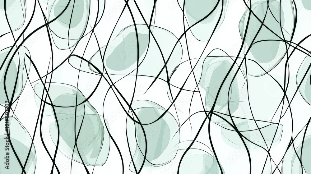 Intertwined black lines and translucent green shapes dance across a white backdrop, creating a dynamic and visually engaging abstract composition Intertwined black lines and translucent green shapes dance across a white backdrop, creating a dynamic and visually engaging abstract composition