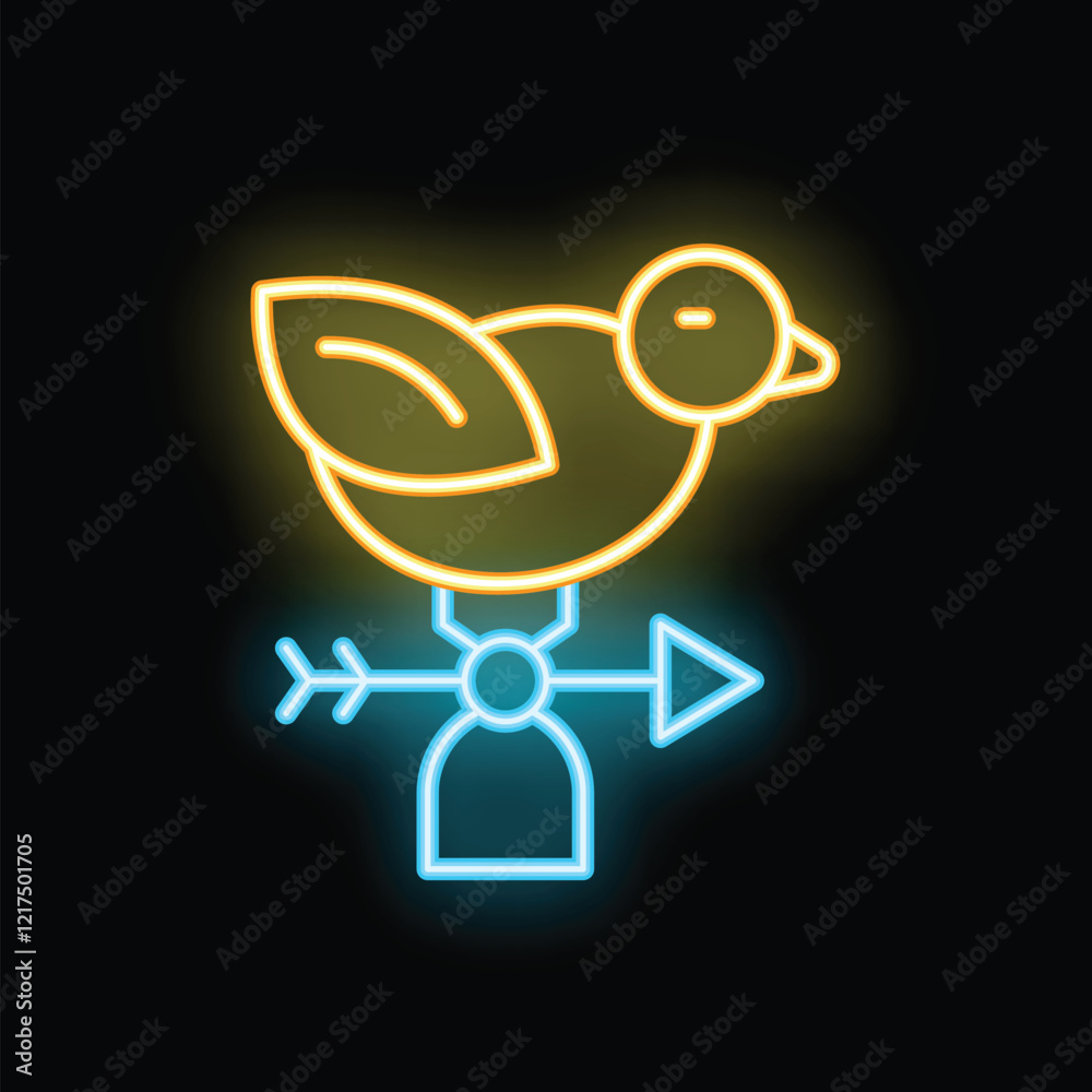 Neon weather vane with glowing bird indicating wind direction on black background Neon weather vane with glowing bird indicating wind direction on black background